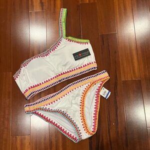 New NWT Bar III Crochet White Bikini Swim Two Piece Set One-Shoulder Multi Sz XL